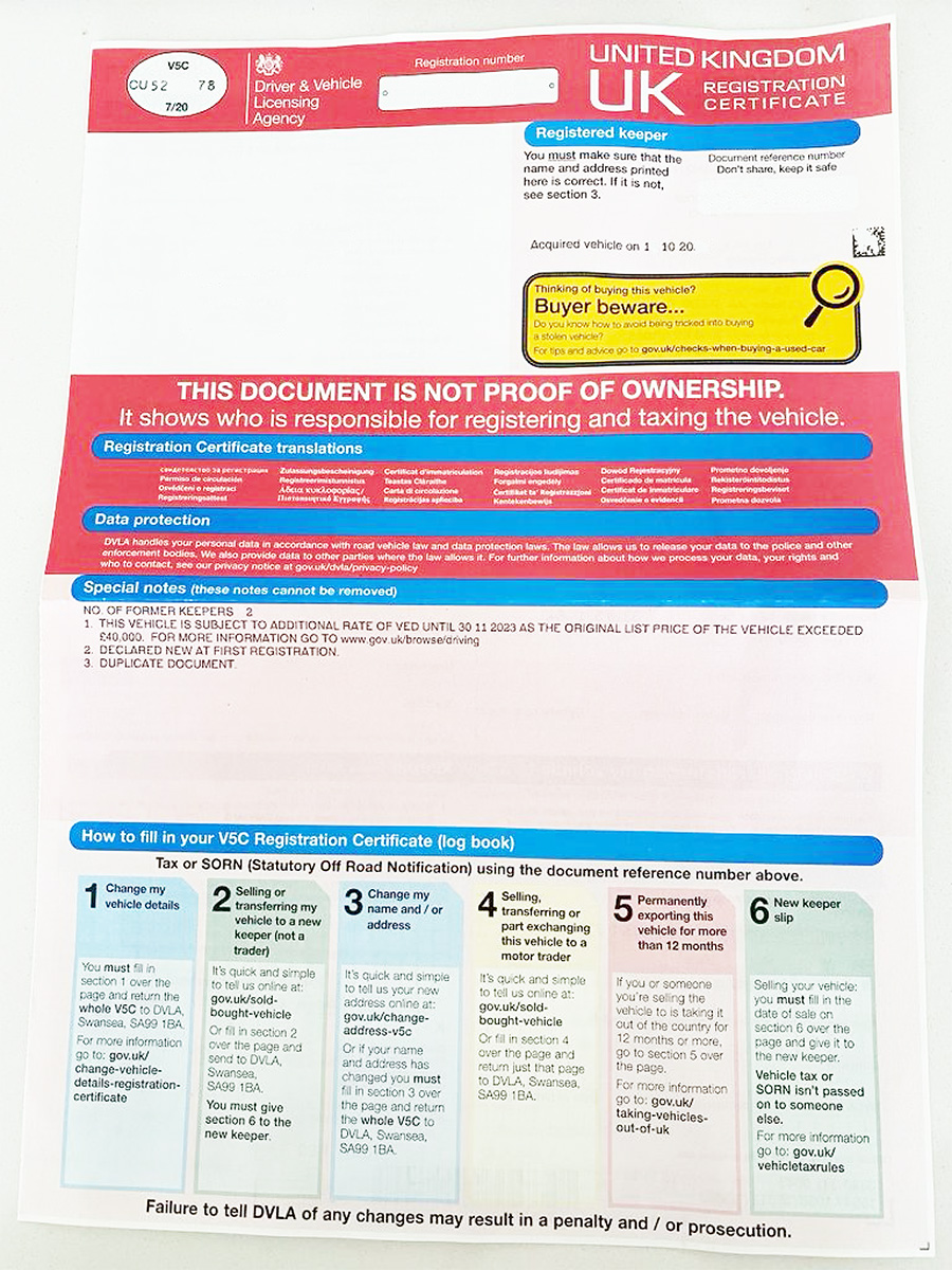 A UK V5C Vehicle log book is a requirement for transporting a vehicle from Europe to the UK